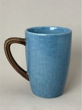 Nautica Coffee Mug Blue Textured Crosshatch Brown Embossed Handle Stoneware Cup